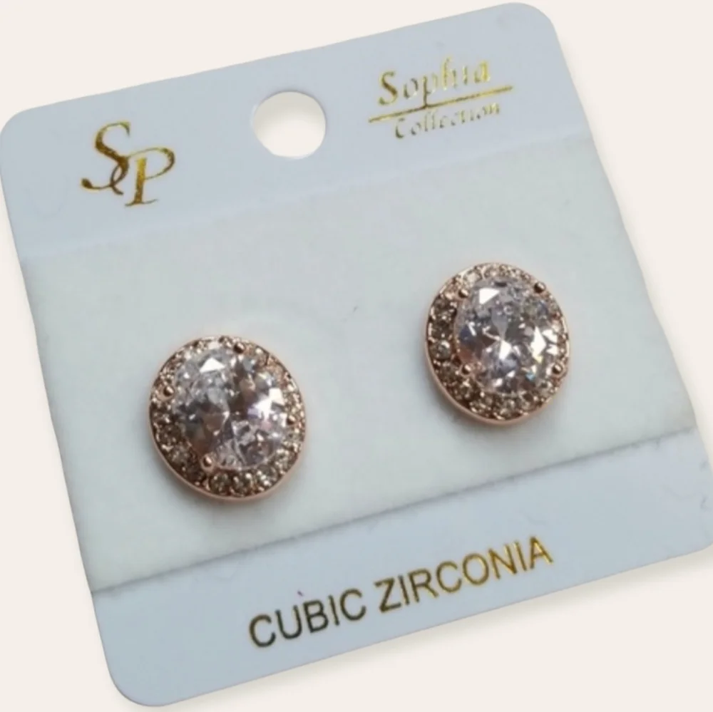 Cubic Zirconia Rose Gold Post Back Oval Earrings For Pierced Ears - Picture 12 of 12